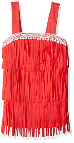 My Michelle Girls' Big Sleeveless Tank Top with Neckline Embroidery and Three Tier Fringe, Coral, Large