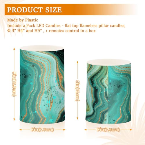 Image of Eionryn Gold Marble Green Flameless Candles Turquoise Teal Battery Operated LED Candles with Remote Timer Electric Candles for Home Party Decor 2pcs