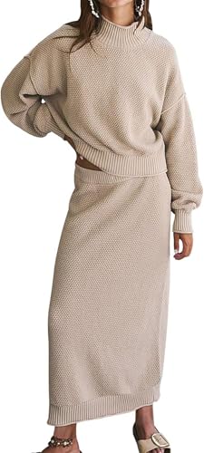 CHARTOU Women 2 Pieces Outfits Fall Winter Sweater Skirt Sets Oversized Tops Matching Knit Maxi Skirt
