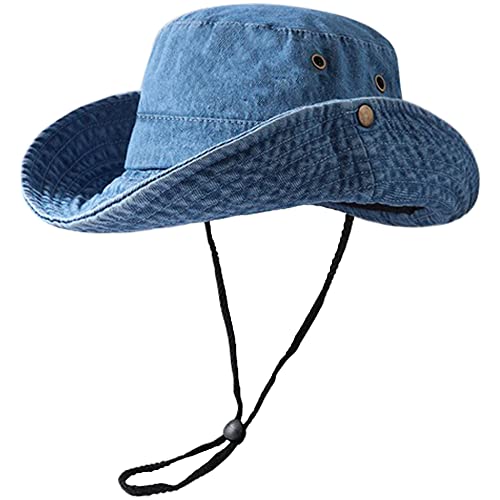 Bucket Hats For Unisex Trendy With String Washed Denim Wide Brim Packable Summer Outdoor Travel Beach Fishing Boonie Jean Women Men Fisherman Sun Hat (Light Blue) #TOP21