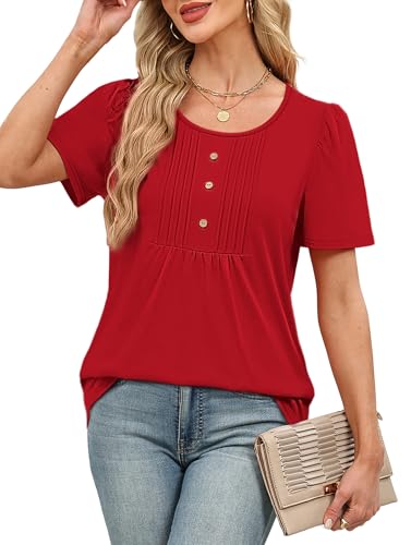 Image of Womens Tops Dressy Casual Blouses Short Sleeve Shirts Plus Size Fashion Clothing Spring Summer Outfits Button Pleated Front