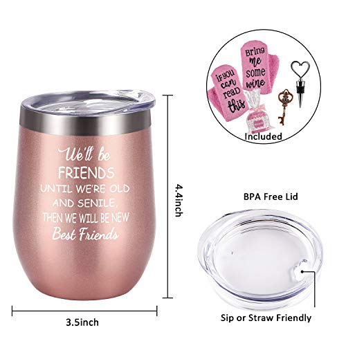 Wine Tumbler Cupcake Wine Socks Set for Girlfriend Her Women Girls, 12 Oz Stainless Steel Friendship Wine Tumbler with Lid, Socks, Bottle Opener, Wine Stopper, Rose gold