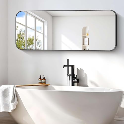 Image of Bathroom Mirror, 60 x 24 inch Metal Framed Black Rectangle Mirror, Rounded Corner Rectangular Vanity Mirror, Large Wall Mounted Mirror for Modern Bedroom Living Room Horizontal or Vertical
