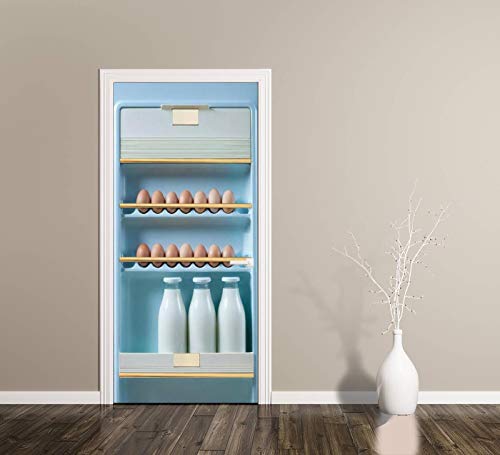 3D Door Decal Eggs And Fresh Milk In The Fridge Door Stickers Removable Adhesive Pvc Door Wall Mural Door Wallpaper Door Art For Home Decor 30.3" W X 78.7" H #TOP3