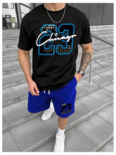 GORGLITTER Men's 2 Piece Letter Graphic Outfits Short Sleeve Crewneck T-Shirt and Drawstring Shorts Set3