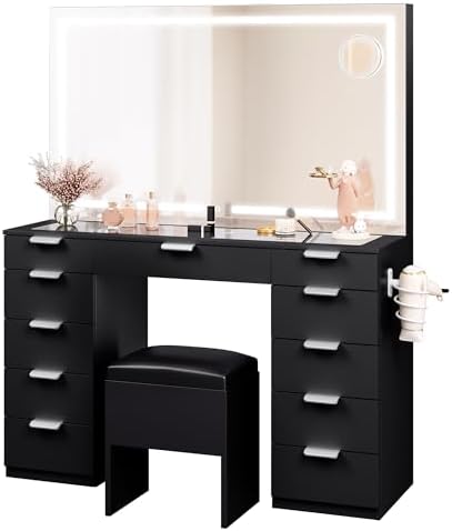 YITAHOME Dressing Table & stool set,Vanity Desk w/ 3-Color LED Lights ...