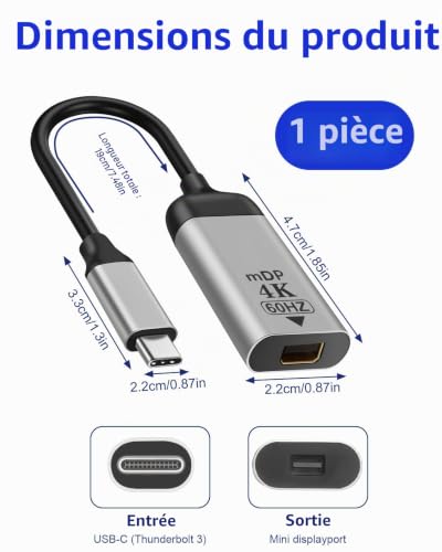 Adaptateur USB C Vers Mini DP Displayport 4k@60hz Mini Displayport Femelle Vers Type-C Mâle Câble Adaptateur Convertisseur Audio Vidéo Court Pour iPhone Macbook Tablette Téléphone écran Projecteur – vue 2