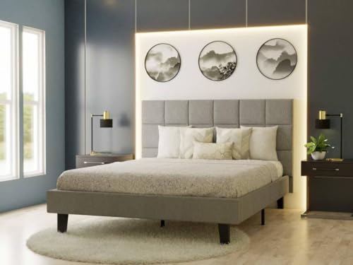 Image of Wooden Modern Upholstered King Size Bed for Bedroom | Wooden Double Bed Without Storage | Platform Cot Upholstered Bed with Upholstery Fabric | Engineered Wood | 6.5 x 6 Ft | Grey