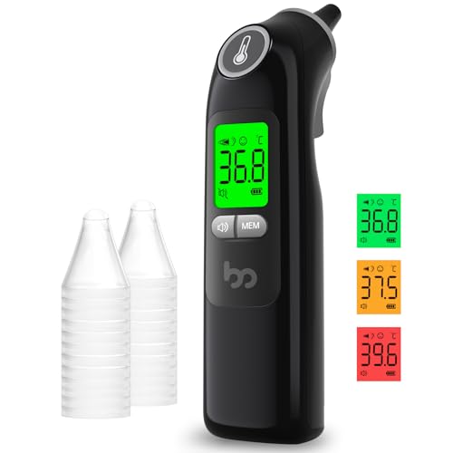 Termómetro de oído para bebé y adulto, termómetro digital infrarrojo, con 24 tapas protectoras desechables (negro)