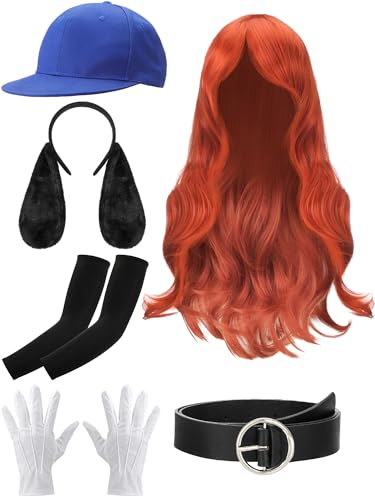 Yearntown 6 Pcs Halloween Dog Couple Costume Accessories Set with Red Long Wig Dog Headband Hat Sleeves Gloves Belt for Halloween Cosplay Costume Party