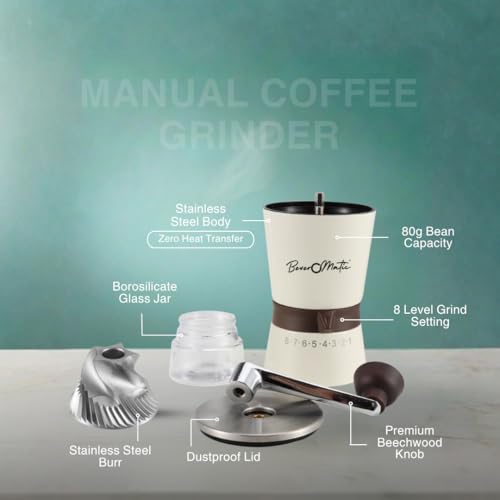 Image of Stainless Steel Manual Coffee Grinder, 80 Grams Bean Capacity | Stainless Steel Burr,Borosilicate Glass Jar, 8 Grind Settings,Beechwood Knob,For Drip Coffee,Espresso,Cappuccino,French Press