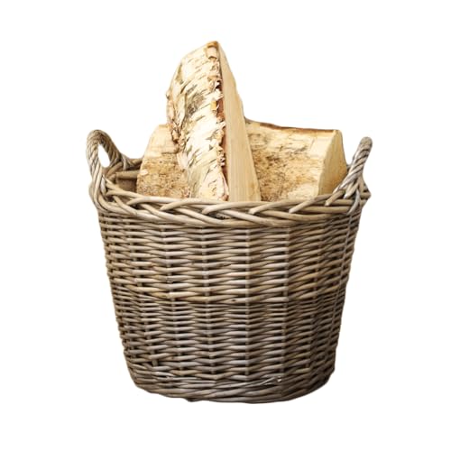 Wicker Lined Log Basket Classic Round Fireplace Storage Grey Woven Wood Handles 33cm
