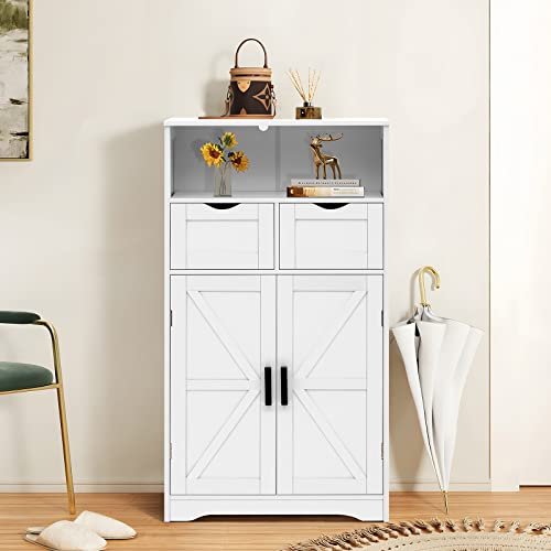 Weenfon Bathroom Cabinet, Floor Cabinet With 2 Doors & 2 Drawers, Bathroom Storage Cabinet With Adjustable Shelf, Freestanding Wooden Storage Organizer For Bedroom, Living Room, Hallway, White #TOP4