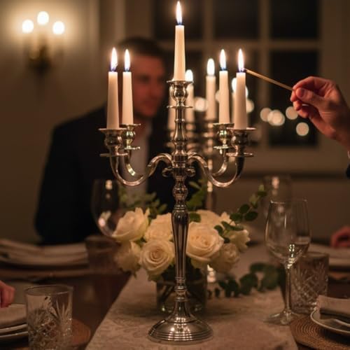 Image of Decorative Aluminum German Silver Plated Five Arm Candle Holder Stand | Candelabra | Candlesticks Holder for Home & Hall Decore (18 inch * 18 inch * 32 inch)(Size:X-Large)