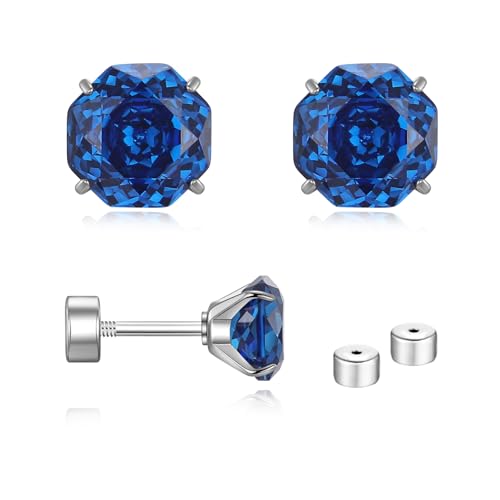Zircon Flat Back Screw Hypoallergenic Surgical Steel Stud Earrings - Gem Blue 0.8ct - 6mm