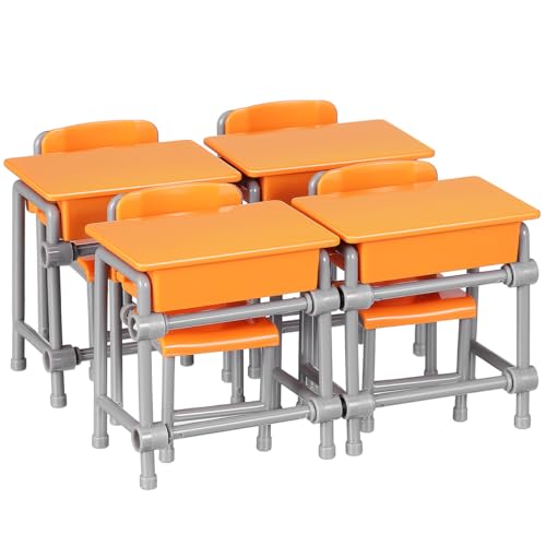 Garneck 4 Sets Miniature School Desk and Chair Model Dollhouse Classroom Decor Mini Furniture Set Realistic Dollhouse School Accessories