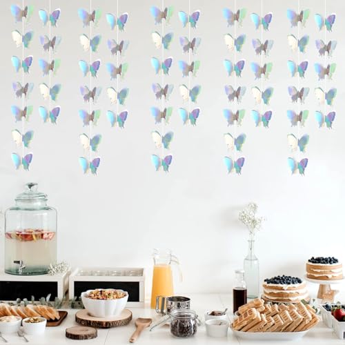 Image of BEISHIDA 5 Pieces Iridescent 3D Butterfly Paper Garland Hanging Decorative Banner for Home Ceiling Decor Birthday Party Baby Shower Wedding Theme Showcase Decoration Supplies Total 393 Inch Length