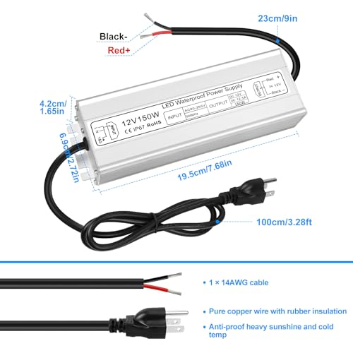 Image of 150W 12V LED Power Supply Waterproof IP67, AC 80-265V to DC 12V 12.5A LED Driver Transformer for Outdoor Landscape Lighting, LED Strip Lights, with 3-Prong Plug 3.3FT Cable