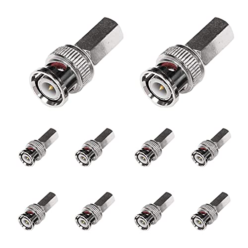 BRIEFCEC Conector CCTV Adaptador BNC Latón Pasador Central BNC Macho Coaxial de Instalación SDI para CCTV, DVR, Cámara RG59 y RG62 Cable Coaxial(Adaptador-1, 10Piezas, Plata)