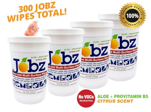 Image of Jobz Hand and Multi-Surface Cleaning Wipes - 300 Count (4 Pack) - Citrus Scent, Dual-Textured, No VOCs, Aloe + Provitamin B5 - Heavy Duty Wipes for Hands, Tools, and Surfaces