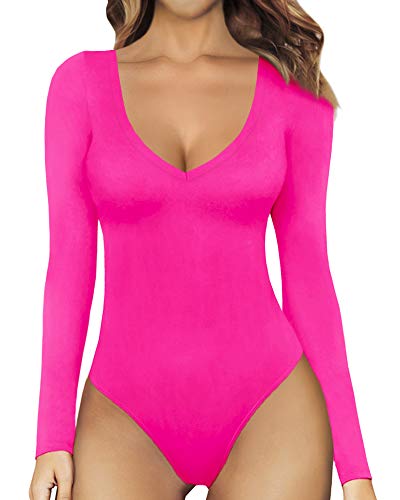 MANGOPOP Deep V Neck Short Sleeve Long Sleeve Tops Bodysuit for Women (Long Sleeve Rose Pink, Medium)