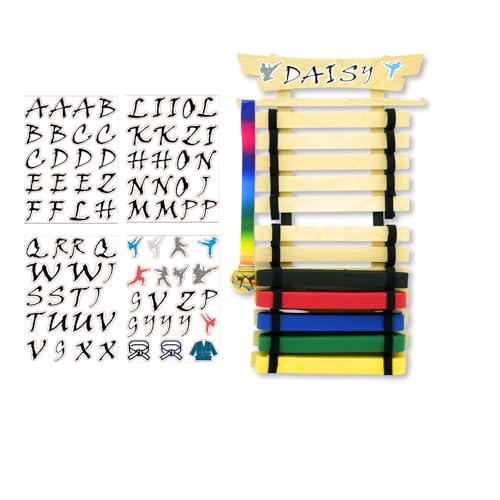ZHIMUSANO 12 Belts Karate Belt Display Rack Wooden Wall Mounted Martial Arts Belt Holder with Letter Stickers Taekwondo Belt Organizer for Kids & Adults (Nature)