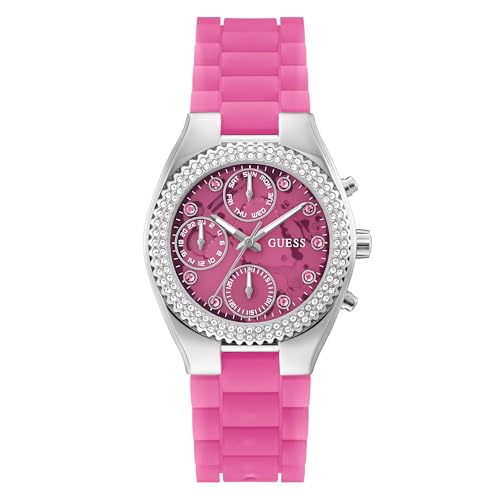 Montre femme Guess de 37 mm haut de gamme, boîtier argenté et cadran rose aux finitions de luxe