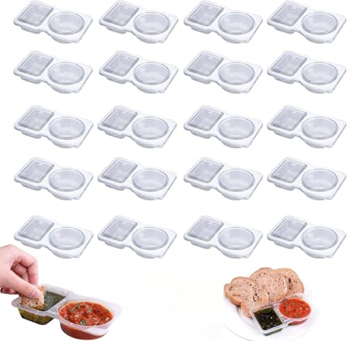 TANXIXI Recipientes desechables para salsa con tapas, vasos de inmersión de doble compartimento, paquete de 20, plástico transparente (20 unidades)