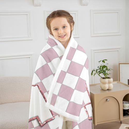 Image of Erosebridal Pink Initial M Fuzzy Plush Throw Kawaii Plaid Checkered Fleece Blanket Cute Personalized Monogram Sherpa Blanket for Kids Girls,Fashion Grids Gingham Decor for Bed Couch 40 inchx50 inch