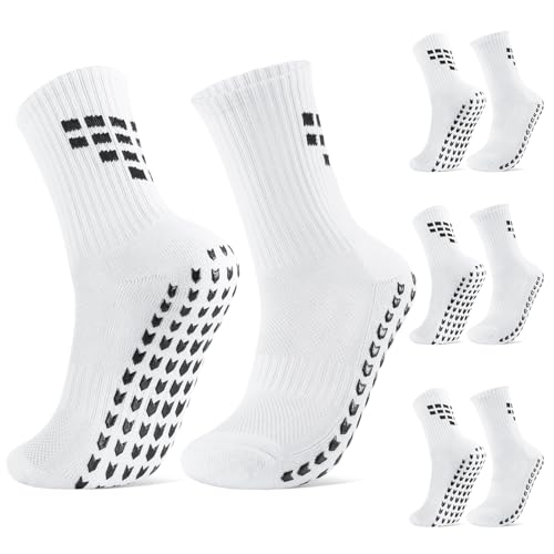 Image of Zuimei 3 Pairs Football Grip Socks Non Slip Sport Socks for Men Women Grippy Sock Football with Rubber Dots Cushioned Athletic Sock for Hiking Running Yoga Cricket Rugby (Size 5-11 White)