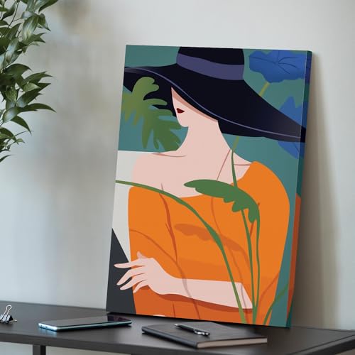 Image of PAINTINGMANTRA Stretched Modern Canvas Wall Art Painting, Black Hat Lady Artwork for Living Room, Home, Bedroom, Office Decoration (Set of 1, 16x22 Inch)