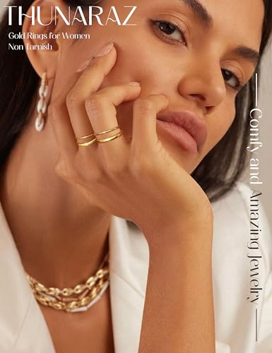 THUNARAZ 14K Gold Filled Rings Stacking Rings for Women Stackable Thin Gold Ring Plain Pinky Thumb Midi Statement Band Ring Comfort Fit 4Pcs 1mm 2mm 3mm 5mm2