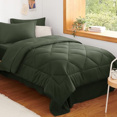 Image of CozyLux Twin XL Comforter Set Dark Green - 5 Pieces Twin Extra Long Bed in a Bag for College Dorm, All Season Bedding Set for Girls and Boys, Soft Bed Set with Comforter, Sheets, Pillowcase & Sham