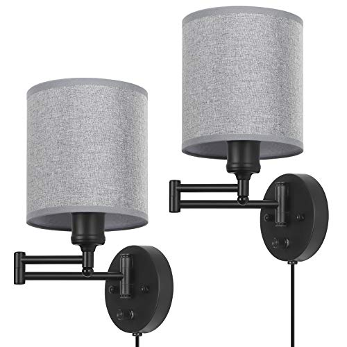 Plug in Wall Light Fixtures, Set of 2 Swing Arm Wall Lamps with Grey Linen Lampshade, Modern Bedside Wall Sconce for Bedroom Hallway Living Room Study