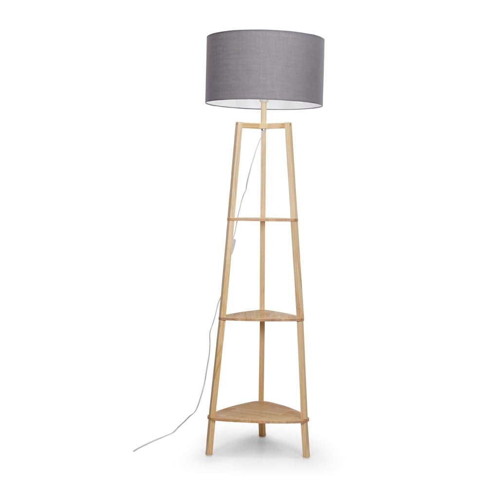 MiniSun | Natural Wooden 3 Tier Floor Lamp with Storage Shelves and Dark Grey Shade | Floor Lamps & Torchieres, Home Décor & Improvement Essential | Includes 6W LED E27 Light Bulb