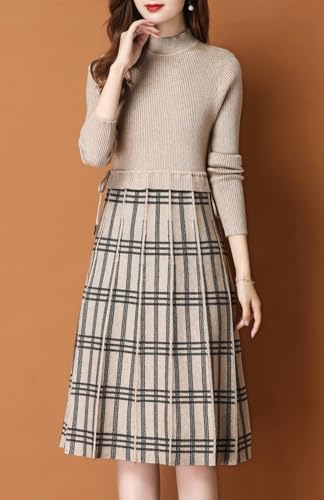 chouyatou Women's Vintage Plaid Checkered Color Block A Line Pleated Knitted Sweater Midi Long Dress2