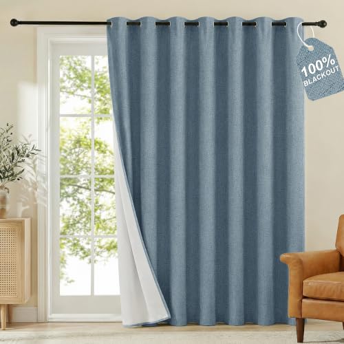 Image of NICETOWN 100% Blackout Linen Sliding Door Curtains with White Liner Composite, Grommet Extra Wide Window Treatments Room Divider Drapes for Bedroom /Living Room, Stone Blue, W100 x L84, 1 Panel