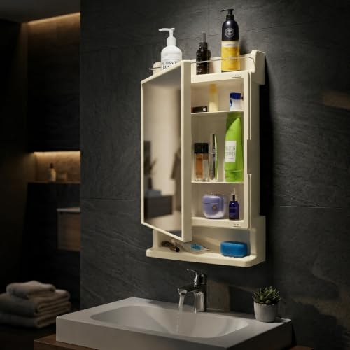 Image of BRANCO Bathroom Cabinet with Mirror | Storage Organiser | Strong Plastic Bathroom Shelves Wall Mounted | Mirror Cabinet (Ivory)