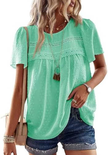 TUUHAW Top Damen Sommer Boho Bluse Kurzarm Oberteile Elegant Rundhals | Swiss Dot T Shirt, Süß Casual Tunika, Lässig Fließend Outfits, Spitze Herbst Kleidung, für Büro und Alltag,