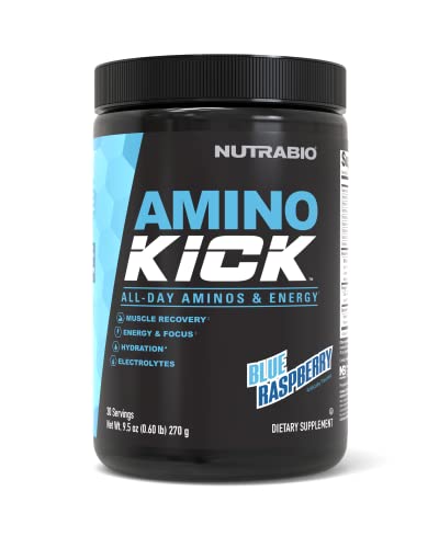 Image of NutraBio Amino Kick - BCAA Powder with Natural Caffeine - Amino Acids Supplement for Energy, Hydration & Recovery - BCAAs, Electrolytes & Amino Acids - Blue Raspberry, 30 Servings