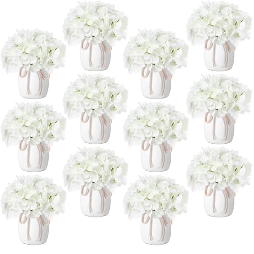 Leinuosen 12 Set Artificial Hydrangea Flowers and Plastic Vases Set Centerpieces Table Decorations Silk Fake Hydrangea Full Flowers Heads with Stems Bulk for Wedding Home Baby Shower (White)