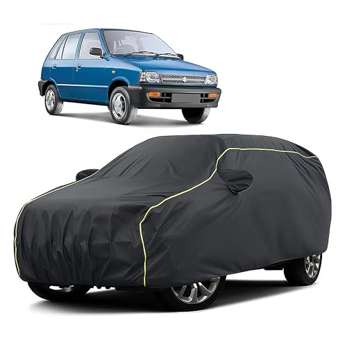 Image of Sulfar 100% Water Resistant Car Body Cover Compatible with Mirror for Maruti Suzuki 800 (Triple Stitched, Full Bottom Elastic, Dark Grey Taffeta with Yellow Piping)