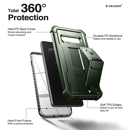 Image of Dexnor for Samsung Galaxy S10+ Plus Case, [Built in Screen Protector and Kickstand] Heavy Duty Military Grade Protection Shockproof Protective Cover for Samsung Galaxy S10 Plus Green
