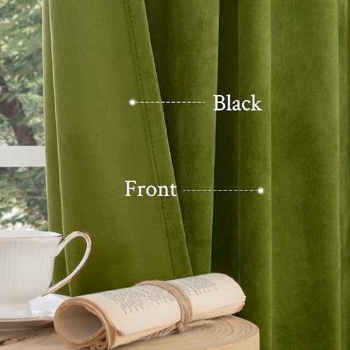 LAMIT Moss Green Velvet Curtains for Living Room 102 Inch Length, Vintage Thermal Insulated Room Darkening Drapes Super Soft Back Tab and Rod Pocket Panels for Bedroom, 2 Panels, 52 x 102 Inch