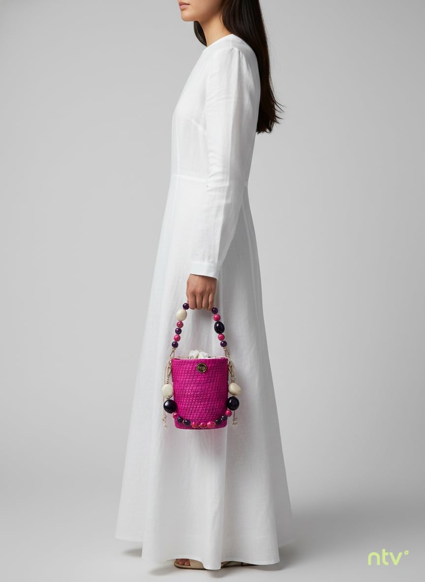 Frida Handwoven Shoulder Bag, Fuchsia Pink, Iraca Palm Fiber, Hobo Style with Tagua Seed Handle and Gold-Plated Hardware