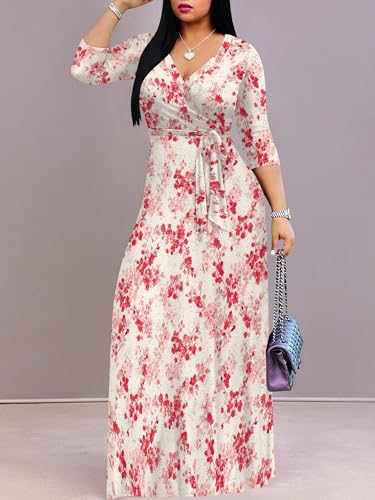 Image of Women's V Neck Floral Maxi Dress 3 /4 Sleeve Plus Size Boho Wrap Flowy Long Dresses with Belt