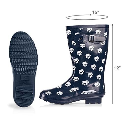 NORTY Waterproof Rain Boots for Women Size 11, Mid Calf Rain Shoes, Slip-Resistant, Comfortable Rainboots, Stylish Outdoor Garden Boots, Glossy Navy Paw Print, 11.25" Shaft