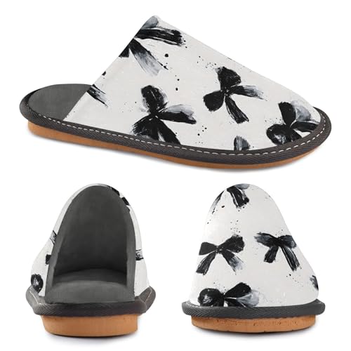 Slippers for Women Ink Black Bow Pattern Soft Winter Warm Shoes Indoor Outdoor Non-Slip House Travel Slippers4