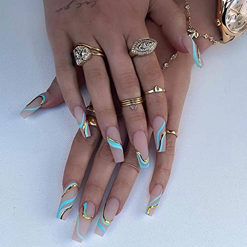 French Tip Press on Nails Long False Fake Nails Press On Coffin Artificial Nails for Women Stick on Nails With Glue 24Pcs(Abstract Swirl)