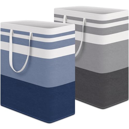 HomeHacks 2 Pack Large Laundry Baskets, Waterproof, Freestanding Laundry Hampers, Collapsible Clothes Hamper with Reinforced Handles in Laundry, College Dorm, Bathroom, Bedroom (Grey+Blue, 125Lx2)